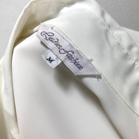 Vintage White Slinky Blouse Medium Front Placket Button Embroidery Career Formal - Picture 10 of 10